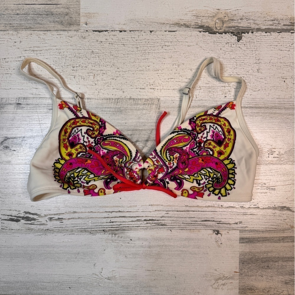 Athleta Zanzibar Scrunch Bikini Top Pink Green White Size Medium Dragonfly